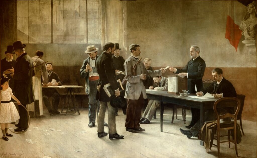 Tableau représentant une élection dans un petit bureau de vote au XIXe siècle