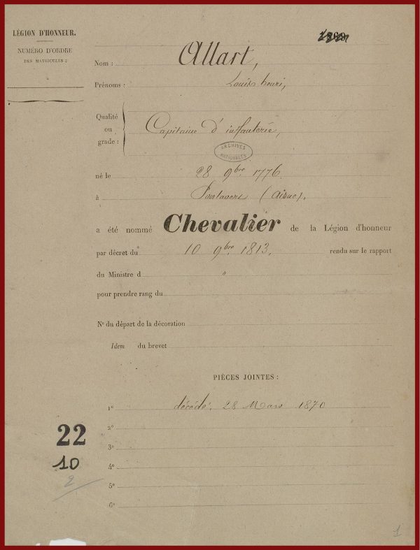 La Légion d'honneur de Louis ALLART : Certificat