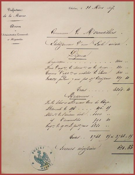 L'école de Moronvilliers - Coût du projet de 1858