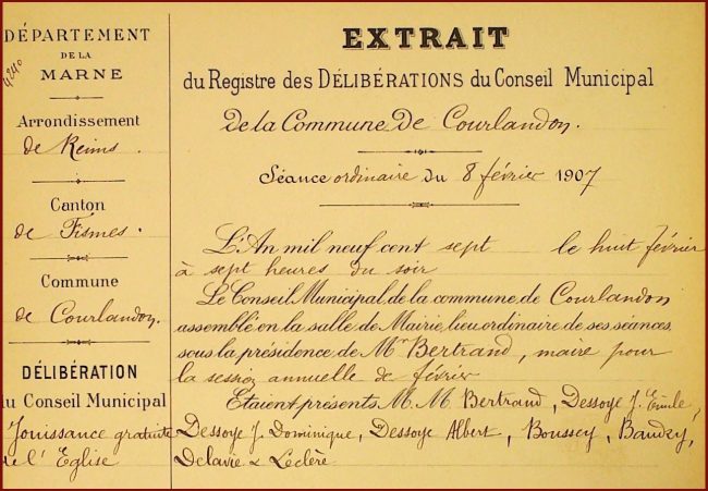Délibération municipale à Courlandon en 1907 : extrait 1