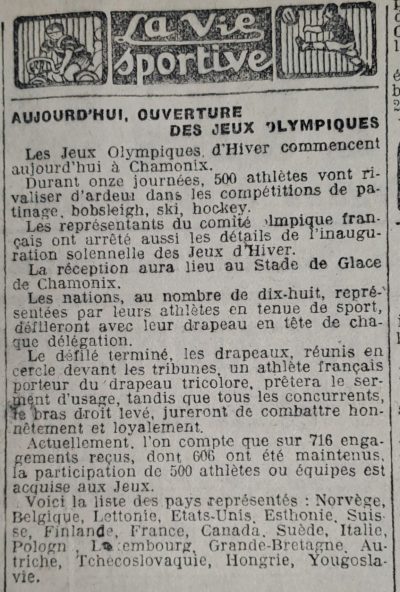 Les jeux de Chamonix 1924 vus de la Marne : article 25.01.1924