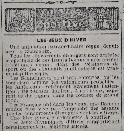 Les jeux de Chamonix 1924 vus de la Marne : article 26.01.1924