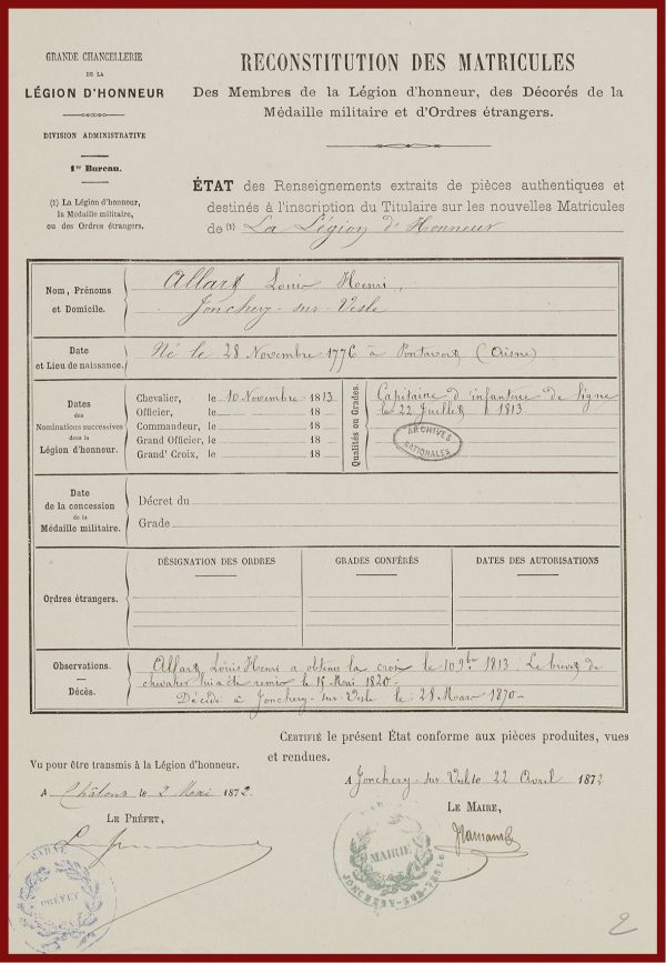 La Légion d'honneur de Louis ALLART : récapitulatif